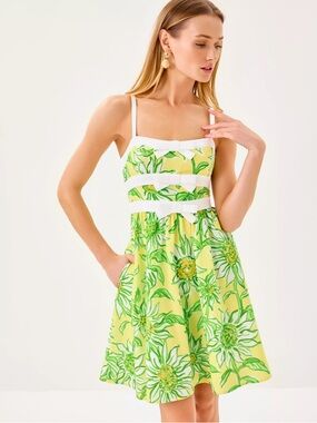 Nwot Lilly Pulitzer cheri Yellow and Green Floral Mini Dress with White Trim